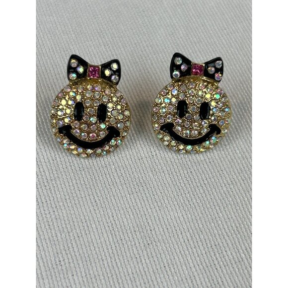 Smiley Face Rhinestone Stud Earrings Black Hair Bow Gold Tone - Picture 1 of 7
